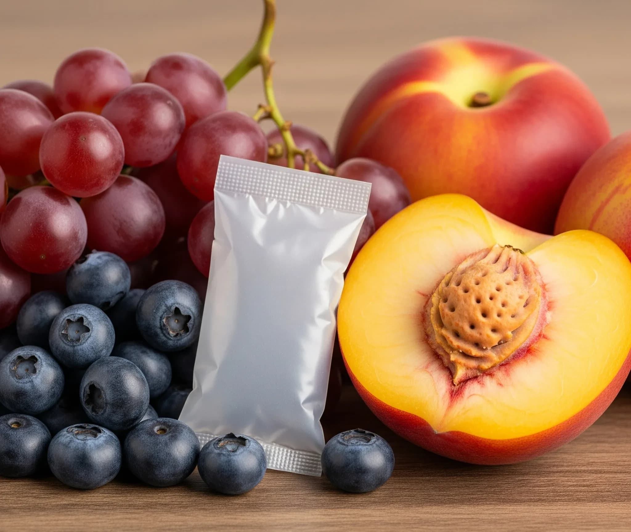 Sachet EthyleneAbsorber di antara anggur, blueberry, dan buah persik